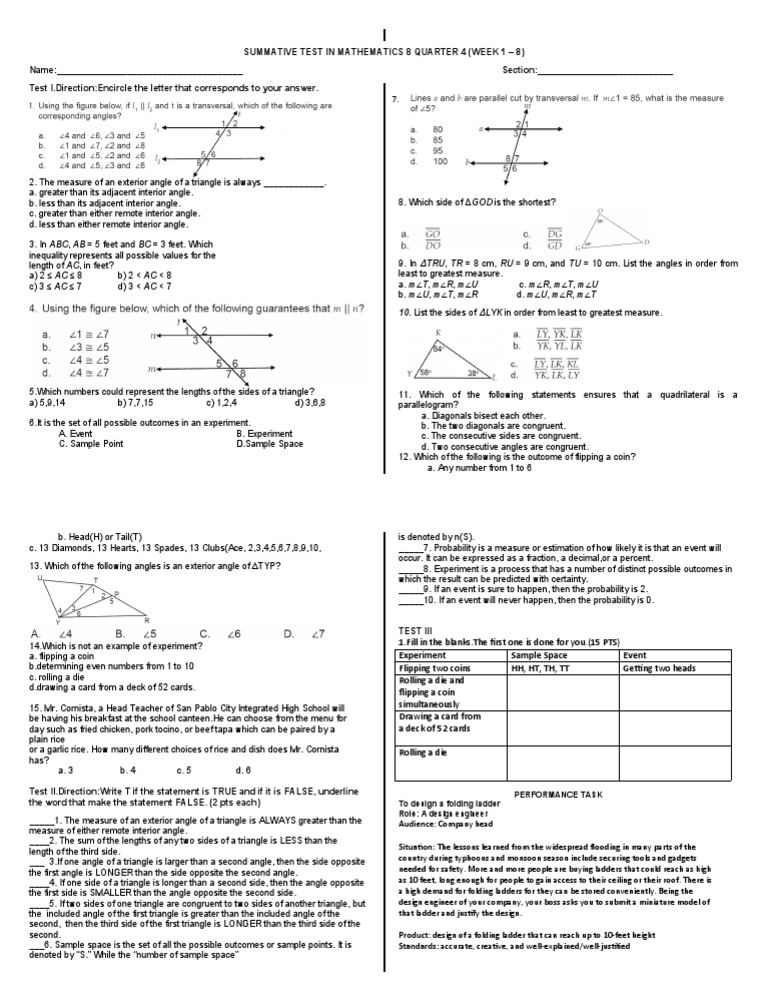 Grade 8 Math Summative Test Q4 | PDF | Triangle | Probability