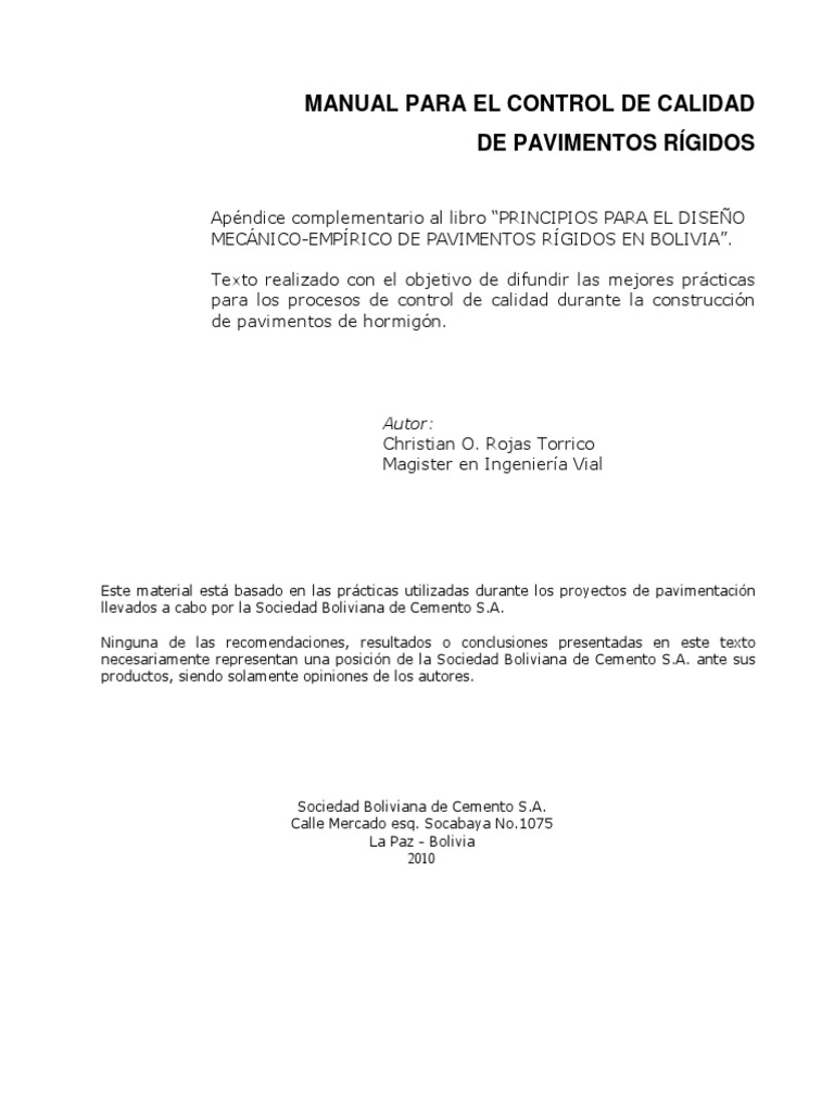 Manual de Control de Calidad de Pavimentos | PDF | Hormigón | Cemento