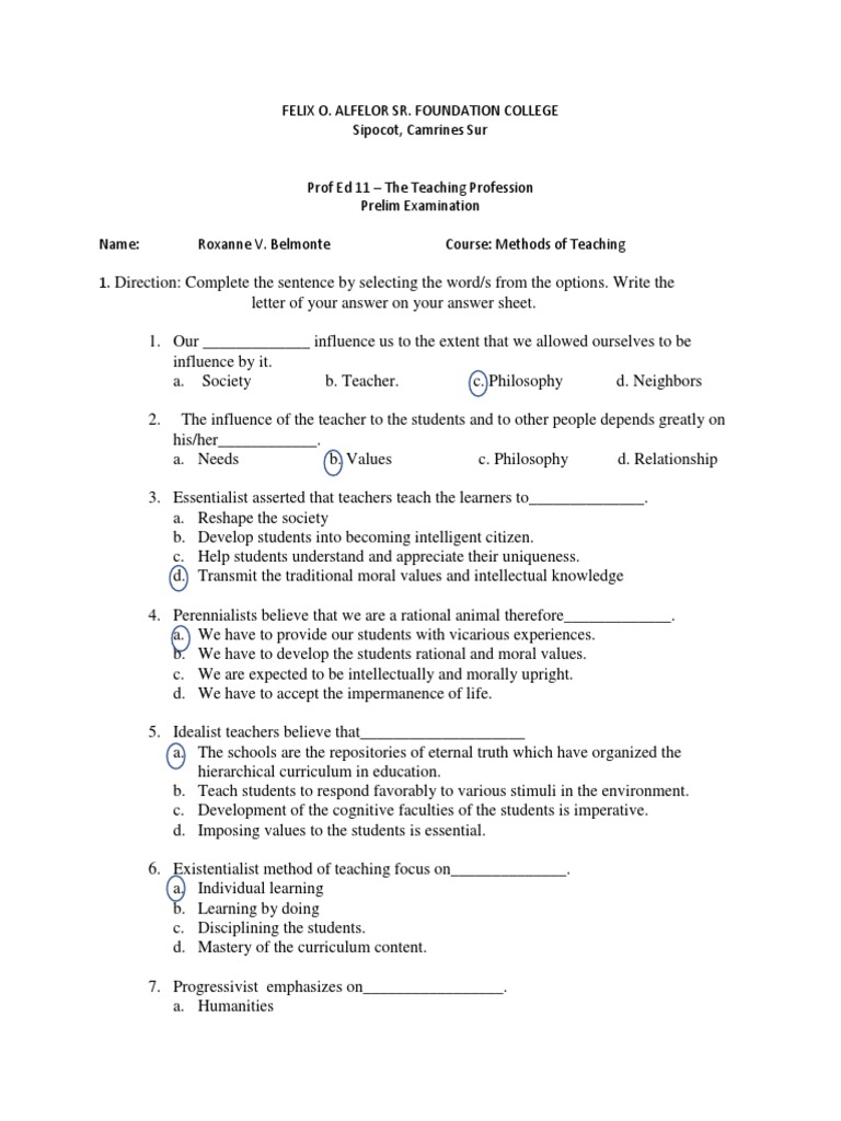 Teaching Profession Prelim Exam Guide | PDF | Teachers | Curriculum