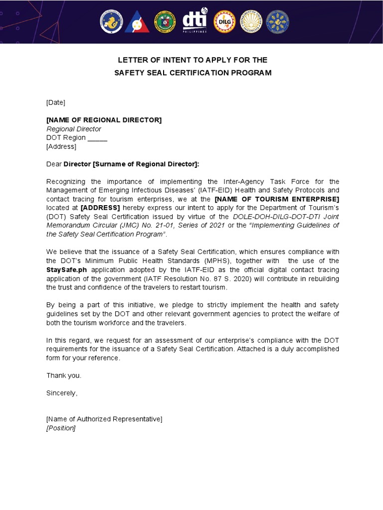 Letter of Intent To Apply For The Safety Seal Certification Program