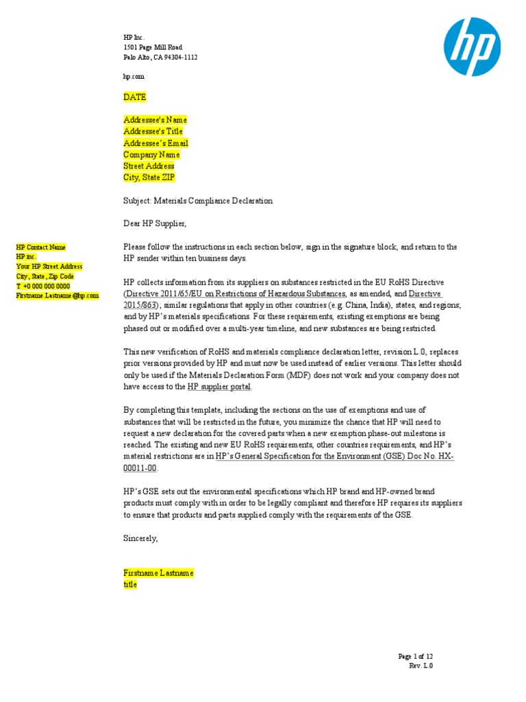 Materials Declaration Letter Rev L.0 | PDF | Capacitor | Mercury (Element)