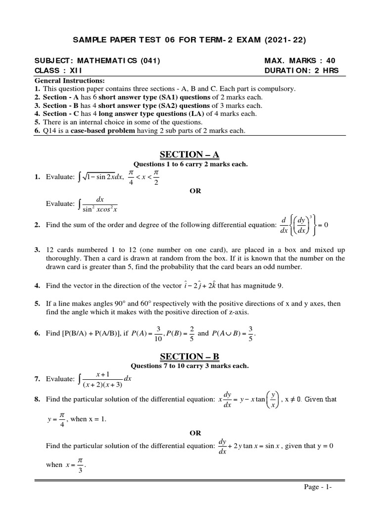 Maths Class Xii Term 2 Sample Paper Test 06 2021 22 | PDF | Euclidean ...