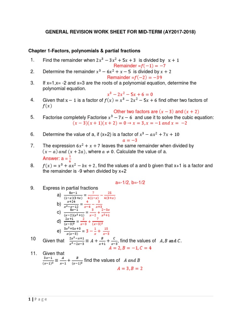 Worksheet (HWK) For Chapter 1 | PDF | Factorization | Elementary ...