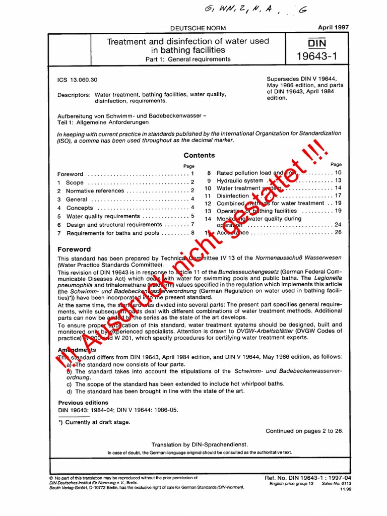 DIN 19643-1: Bath Water Quality Standards | PDF | Pipe (Fluid ...