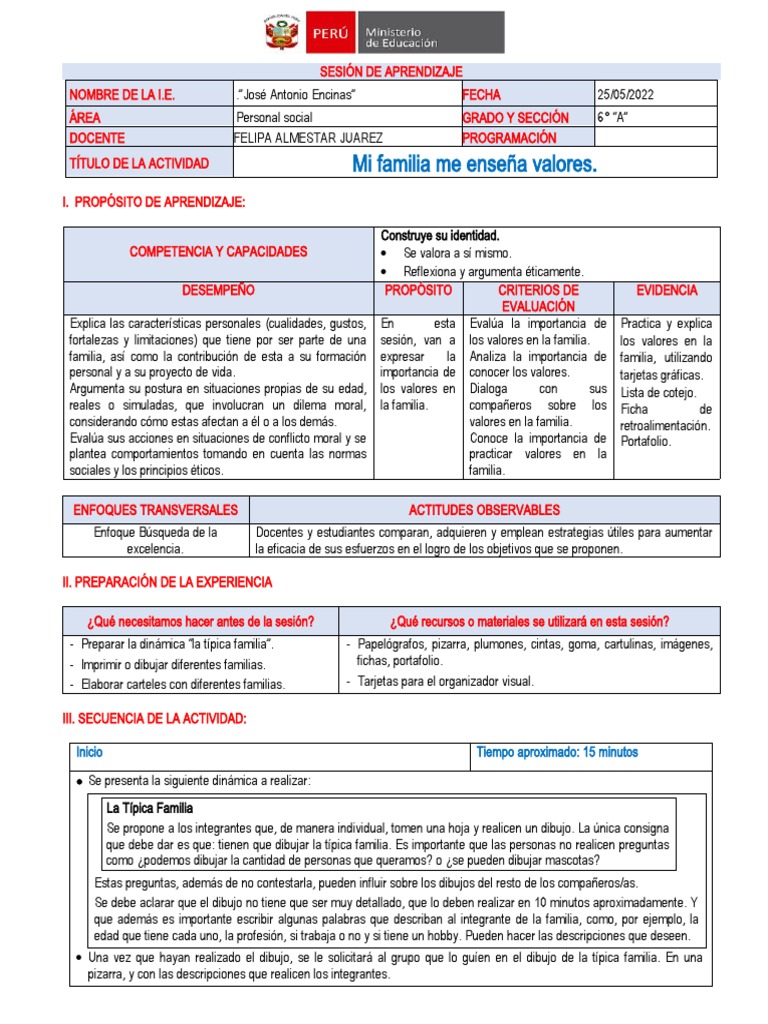 Valores en la Familia para 6° Grado | PDF | Evaluación | Aprendizaje