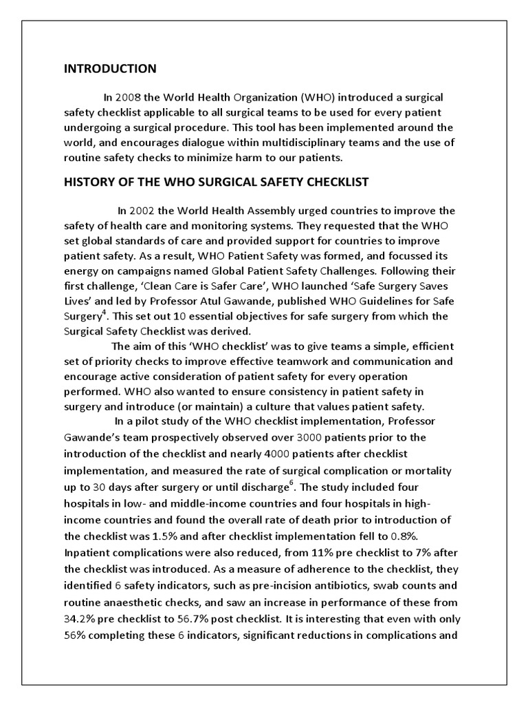 WHO Surgical Safety Checklist Overview | PDF | Surgery | Patient Safety