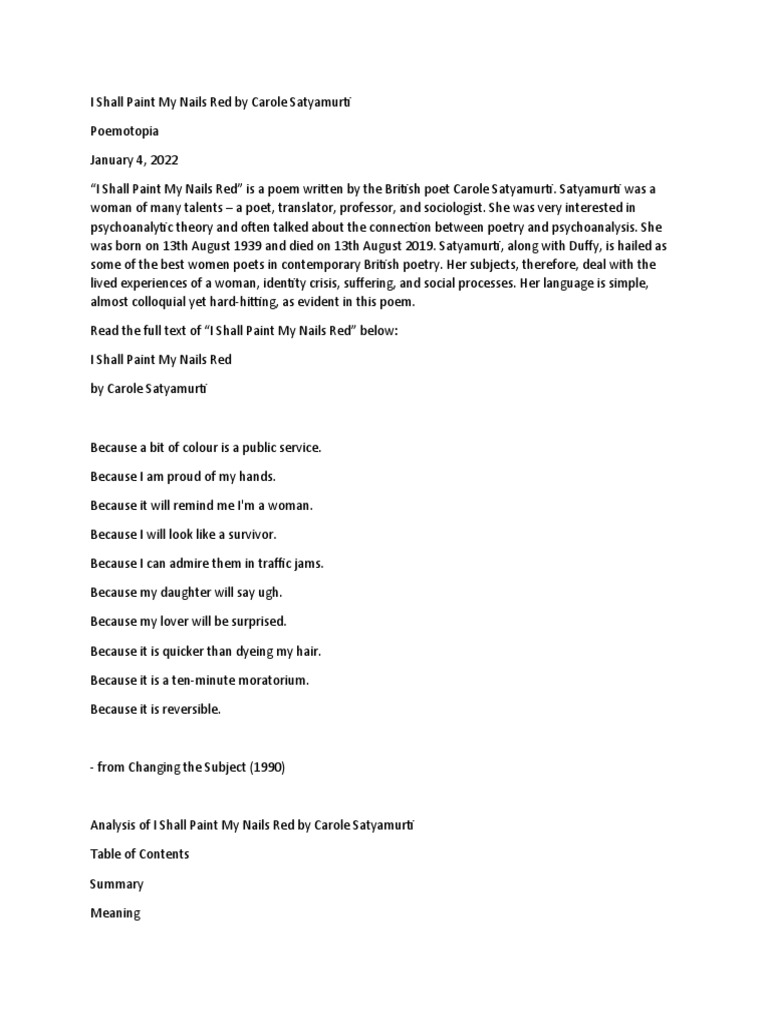 I Shall Paint My Nails Red by Carole Satyamurti Download Free PDF