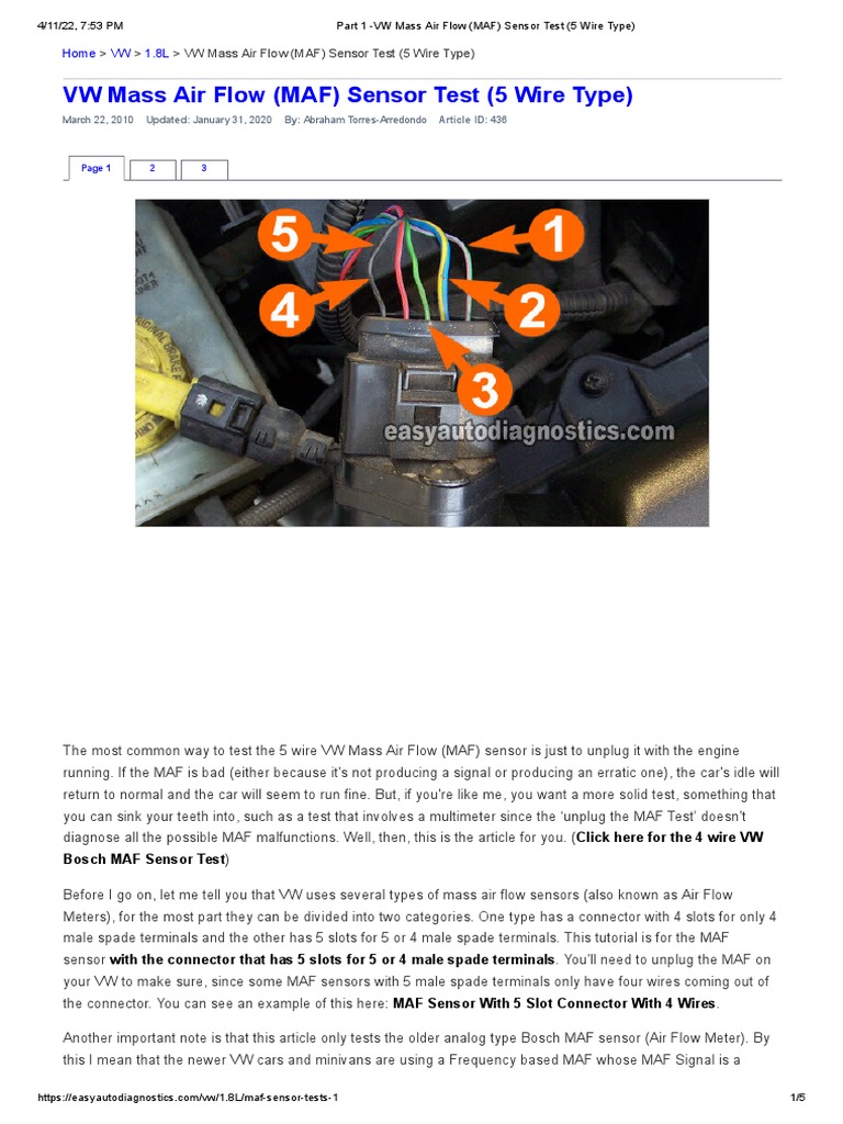 Part 1 VW Mass Air Flow (MAF) Sensor Test (5 Wire Type) PDF