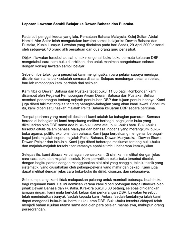 Laporan Lawatan Sambil Belajar Ke Dewan Bahasa Dan Pustaka