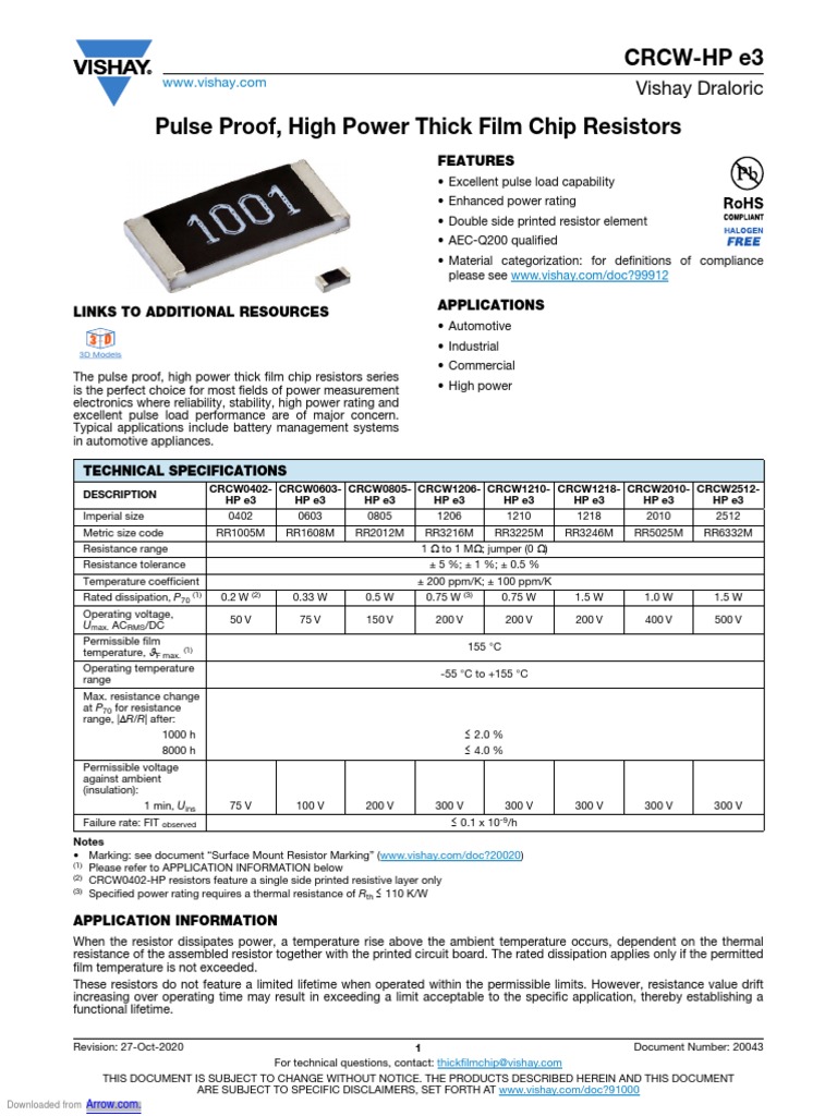 CRCWHP E3 Vishay Draloric PDF Resistor Electricity