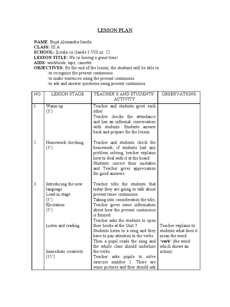 Present Continuous Lesson Plan | PDF