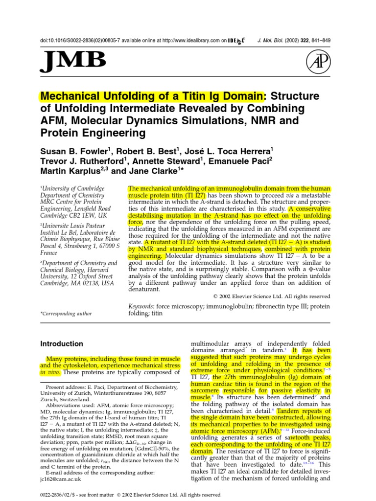 Artigo 7 Mechanical Unfolding of A Titin Ig Domain Structure of