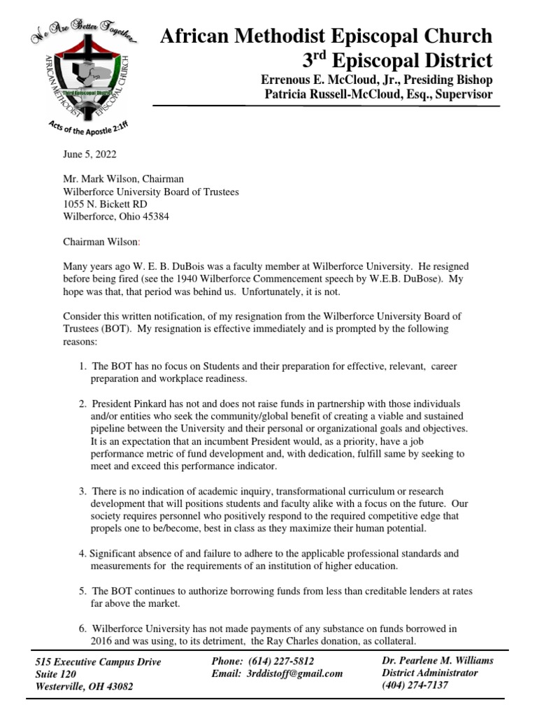 Wilberforce University Chancellor Resigns Letter PDF Employment