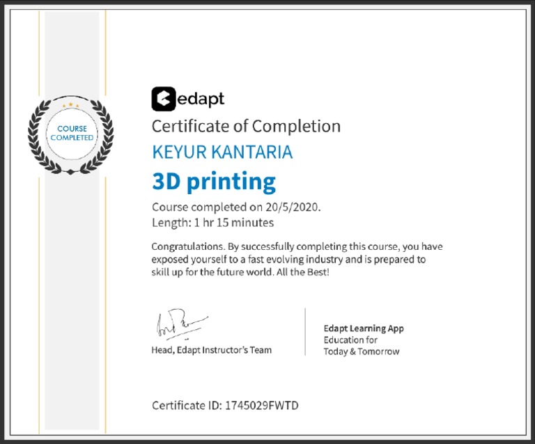 3d Printing Certificate PDF