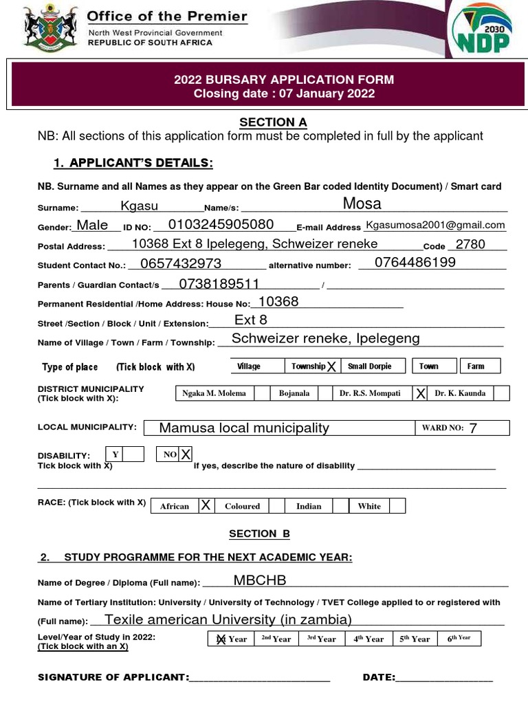 North West Provincial Government Bursary Application Form 2022 PDF