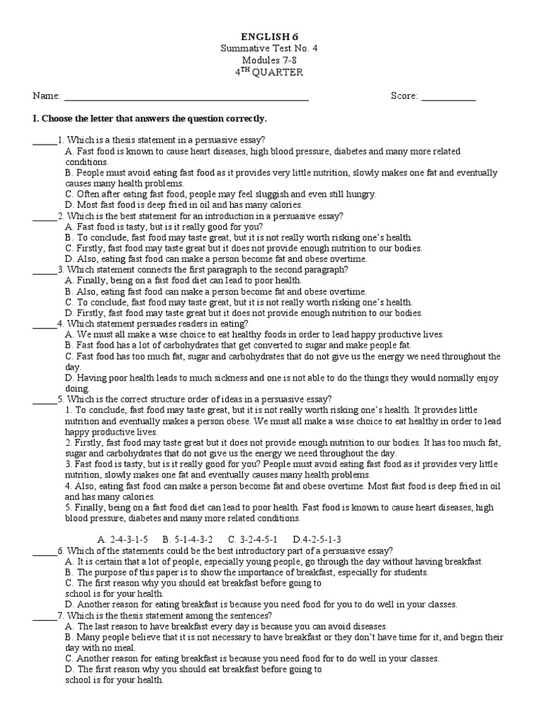 Summative Test No. 4 Modules 7-8 4 Quarter Name: - Score | PDF | Foods ...