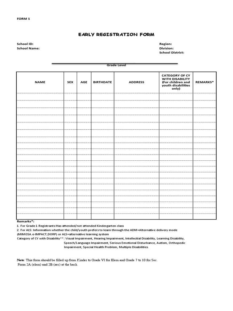 Grade 1 Early Registration Form | PDF | Disability | Special Education