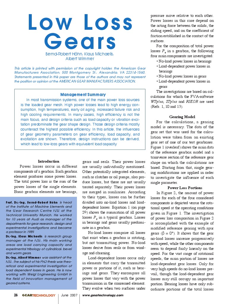Low Loss Gears PDF Gear Transmission (Mechanics)