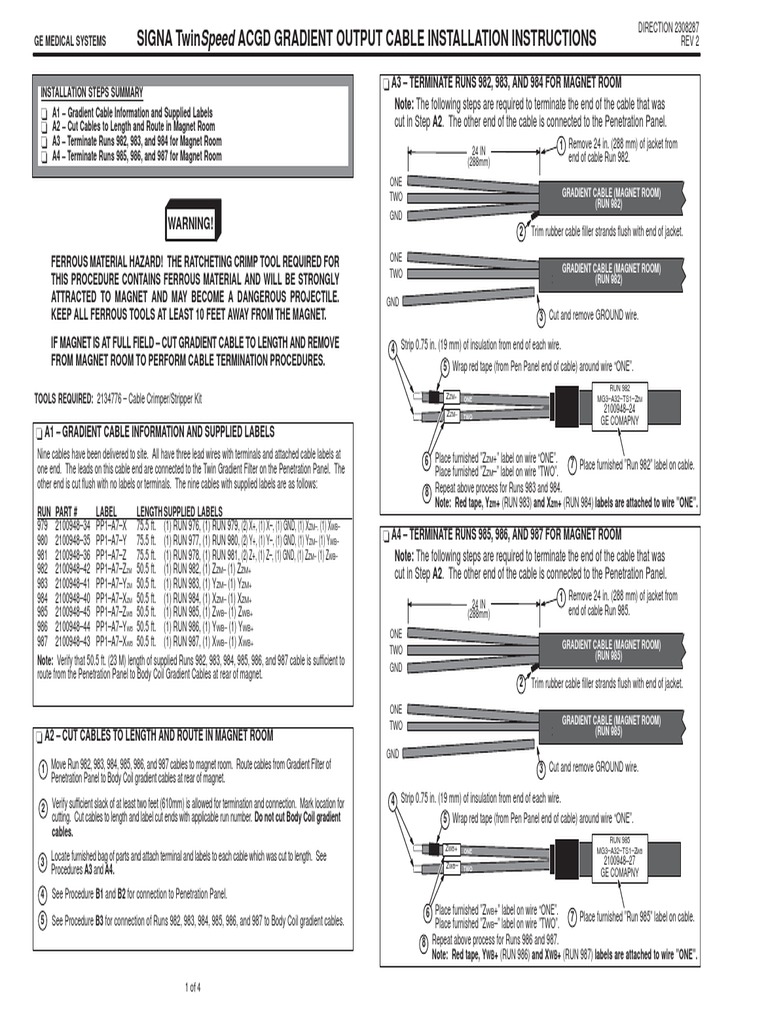 Signa Twinspeed Acgd Gradient Output Cable Installation Instructions ...