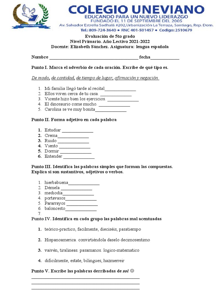 Ejercicios de Lengua para 5to Grado | PDF | Lingüística | Gramática