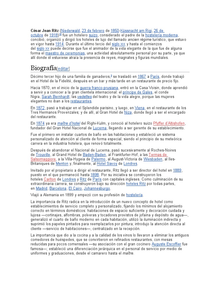 César Ritz: Padre de la Hotelera Moderna | PDF | Hotel | Industria de ...