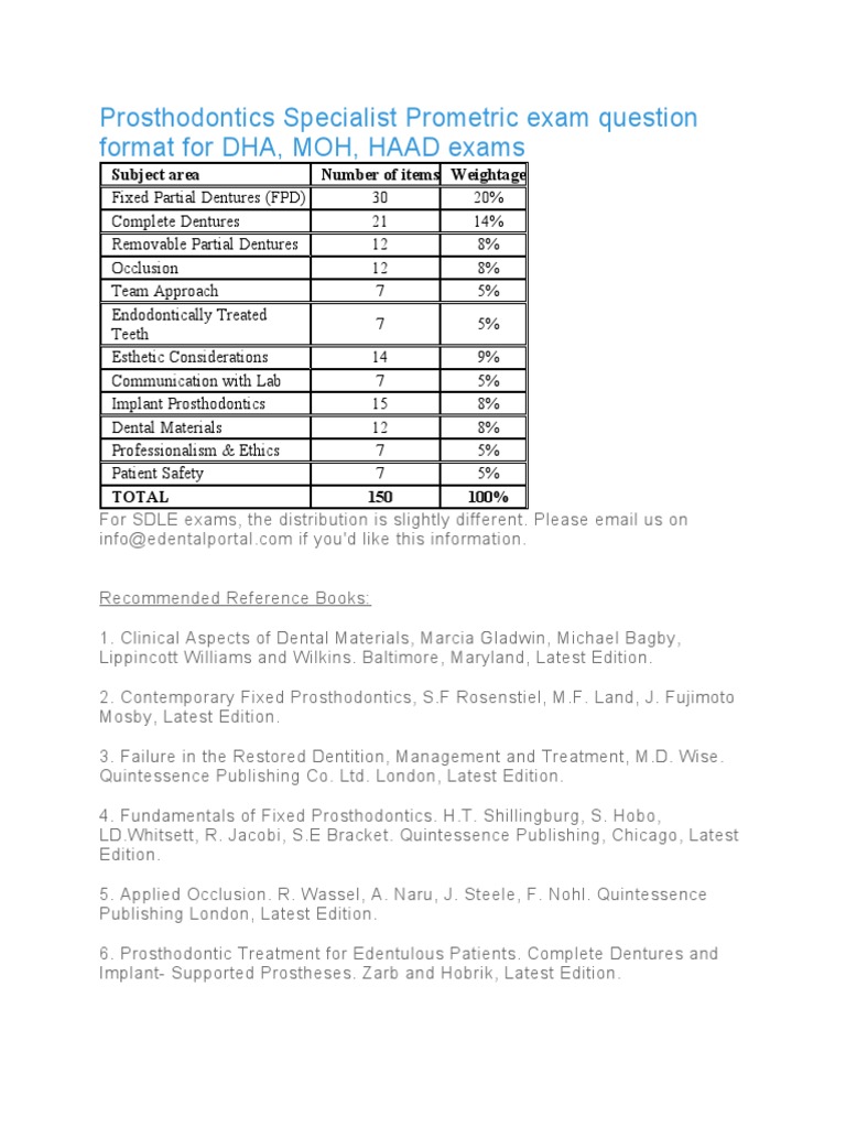 Prosthodontics Specialist Prometric Exam Question Format For DHA PDF
