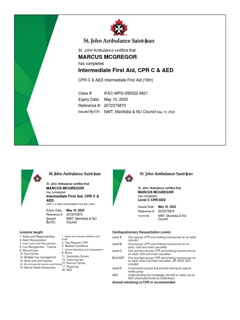 Marcus Mcgregor Intermediate First Aid, CPR C & AED St. John Ambulance