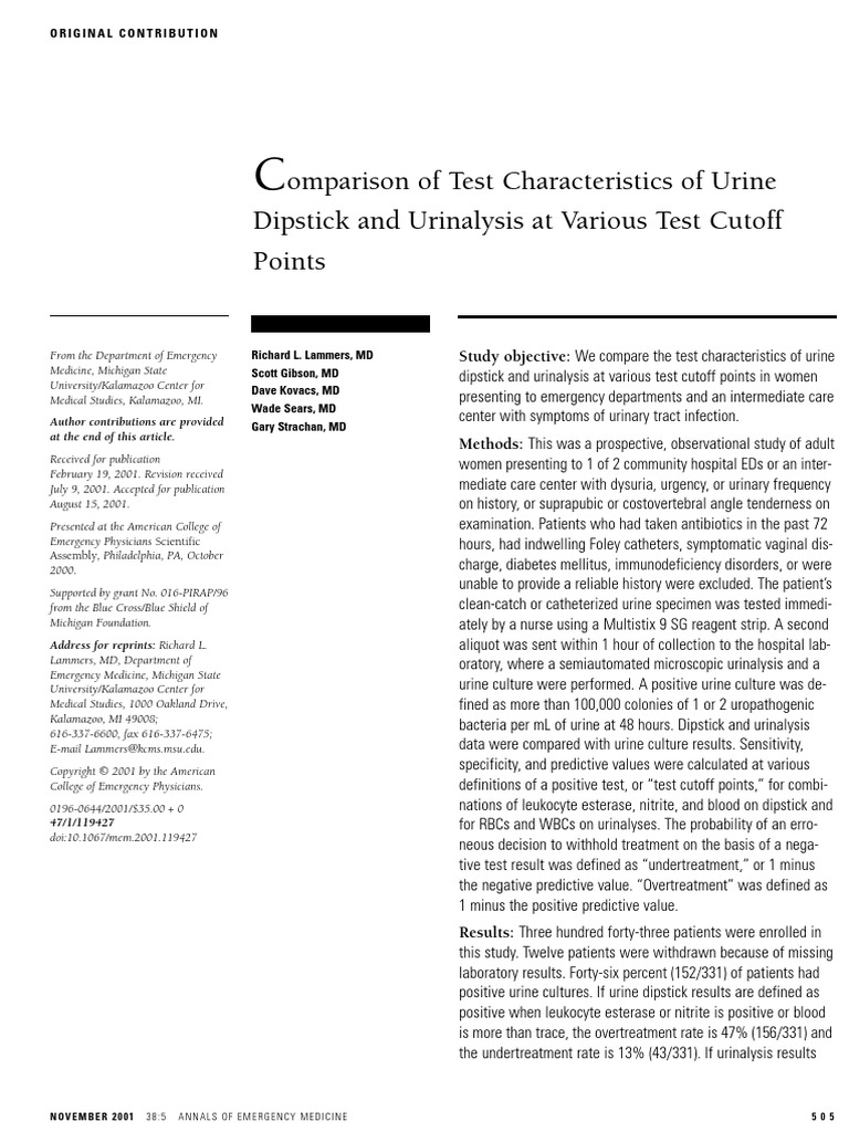 Comparison of Test Characteristics of Urine Dipstick and Urinalysis at