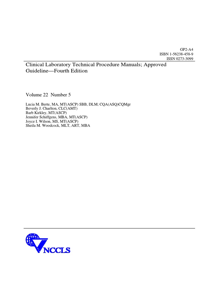 Clinical Laboratory Technical Procedure Manuals Approved Guideline