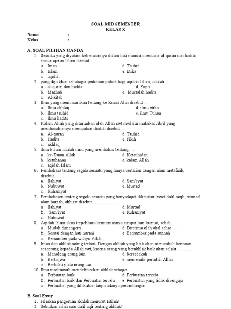 Soal Mid Semester Aliyah Pdf