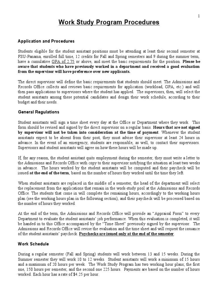Work Study Program Procedures | PDF | University And College Admission