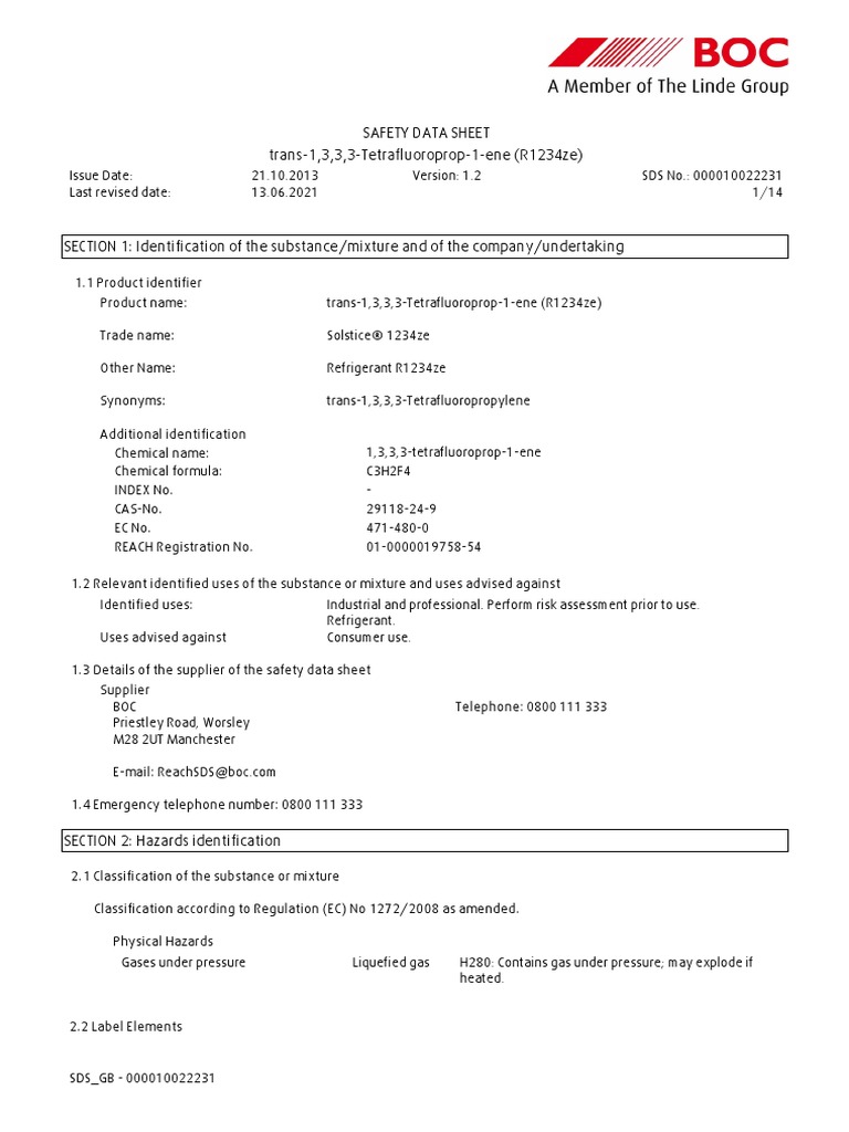 Safety Data Sheet Trans-1,3,3,3-Tetrafluoroprop-1-Ene (R1234ze) | PDF ...