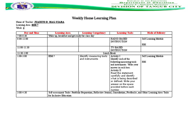 EIM-Weekly Home Learning Plan | PDF | Cognition | Behavior Modification