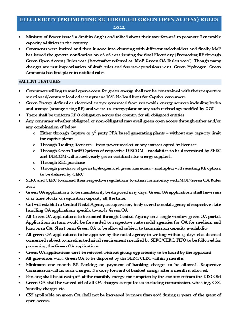 MoP Electricity Green OA Rules 2022 PDF Nature Physical Quantities