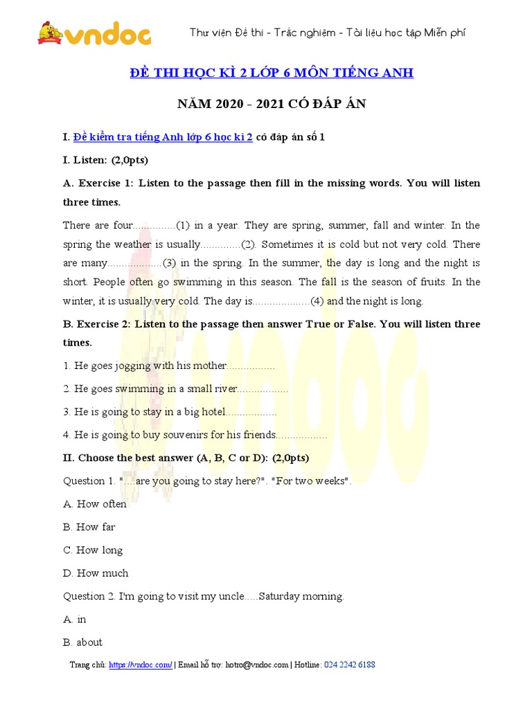 Bo de Thi Hoc Ky 2 Mon Tieng Anh Lop 6 Co Dap An 2 | PDF