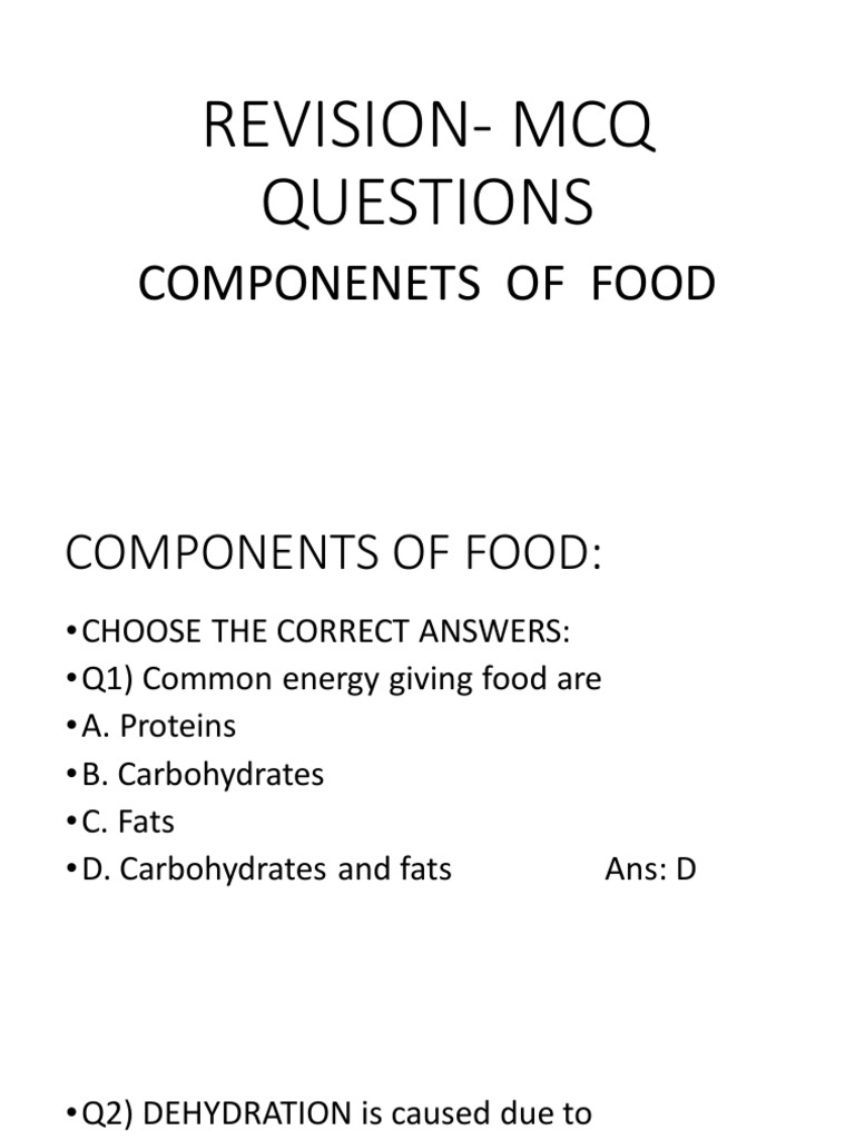 MCQ Questions Components of Food PDF