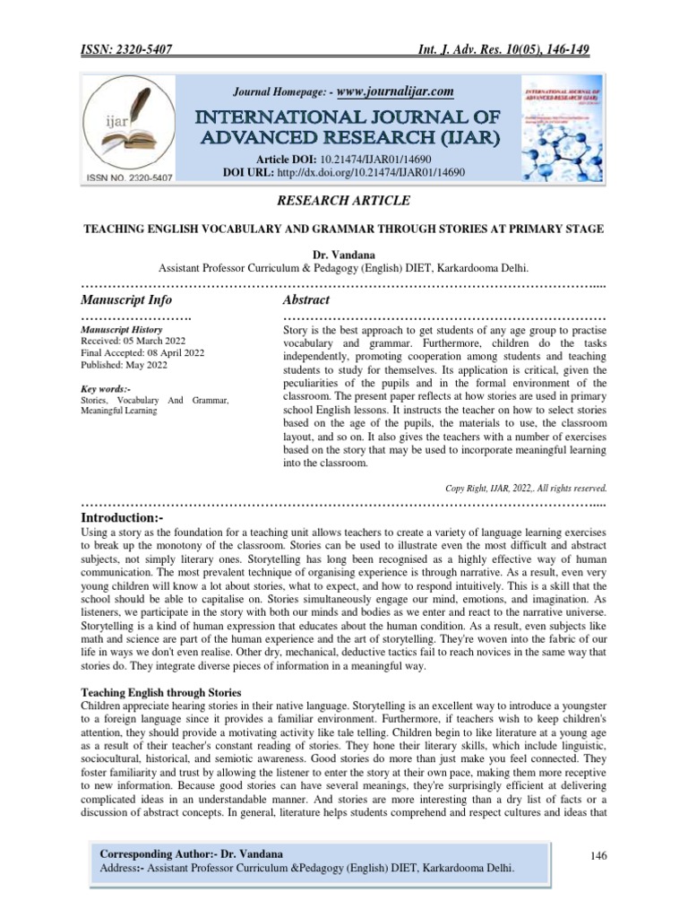 Teaching English Vocabulary And Grammar Through Stories At Primary