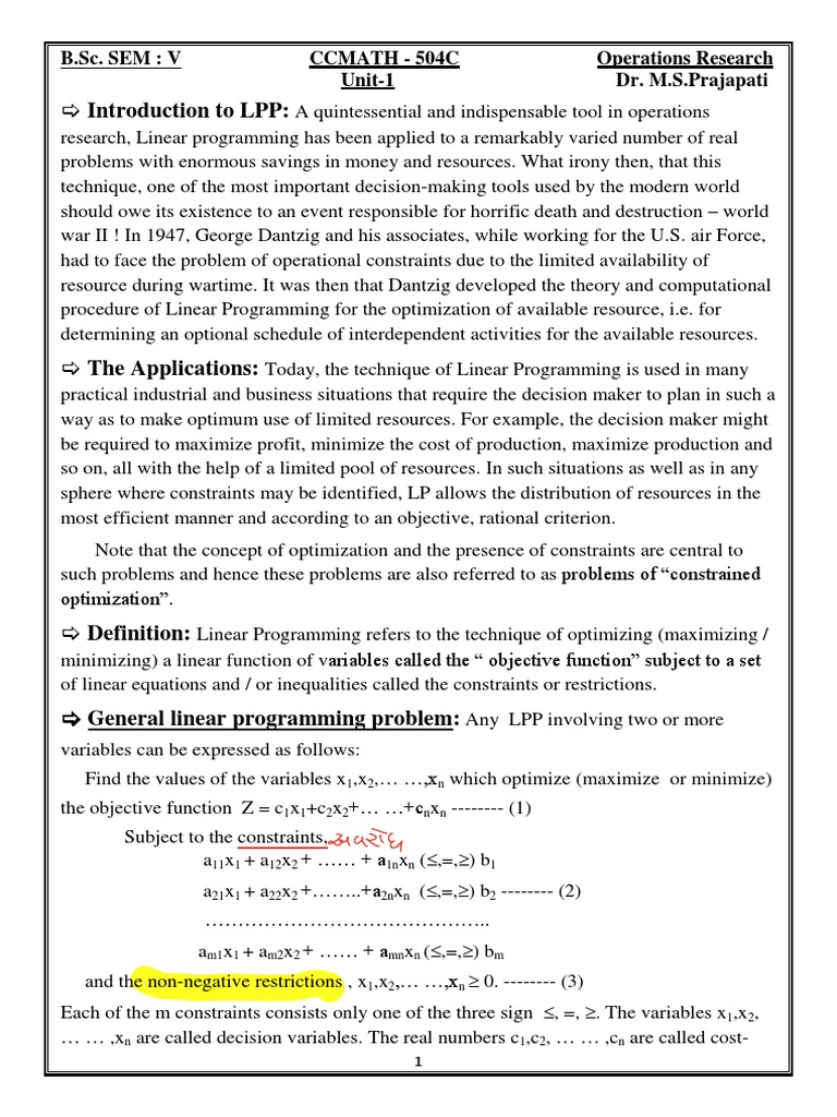 Operation Research 1) CC MATH-504C Unit-1-2-3 | PDF