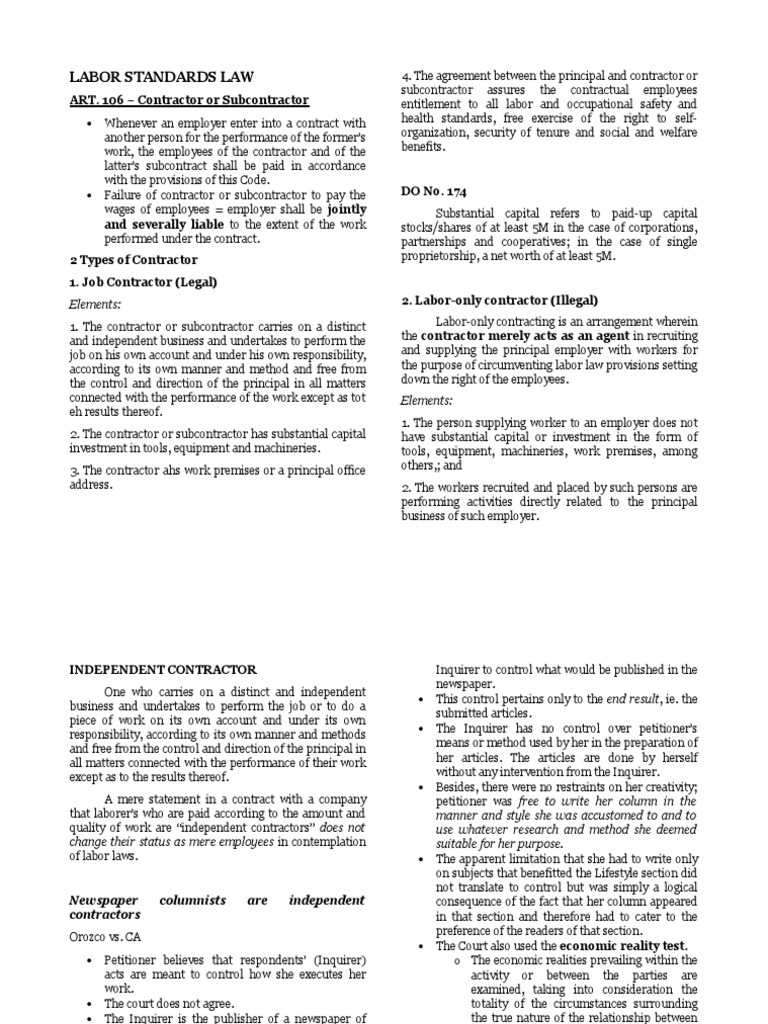 LABOR STANDARDS LAW Notes PDF Employment Bankruptcy