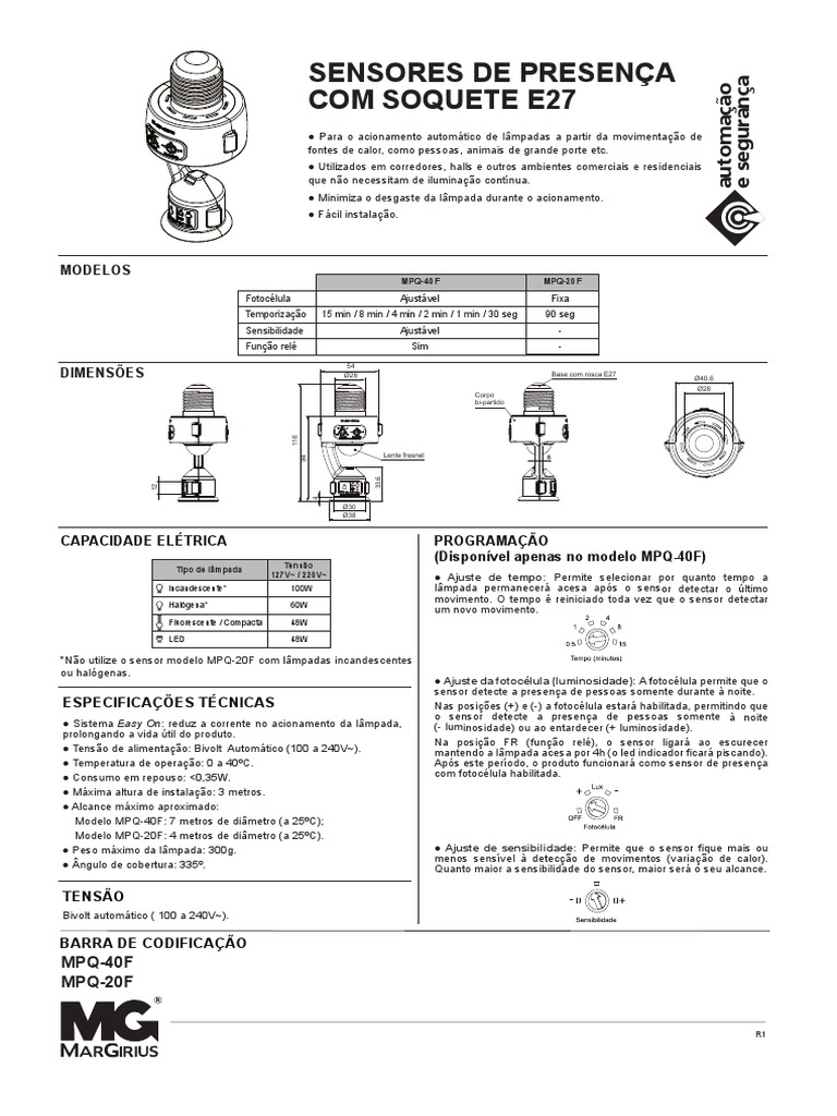 Manual de Sensores de Presença MPQ-40F e MPQ-20F | PDF | Lâmpada ...