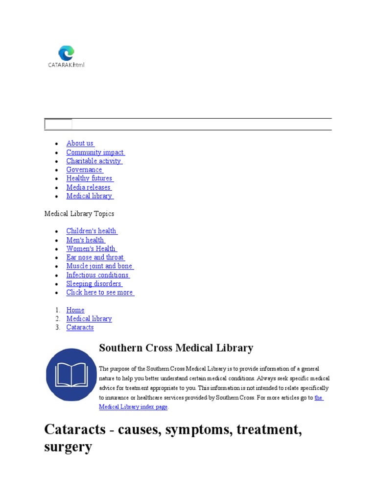 Cataracts Causes, Symptoms, Treatment, Surgery Southern Cross Medical Library PDF