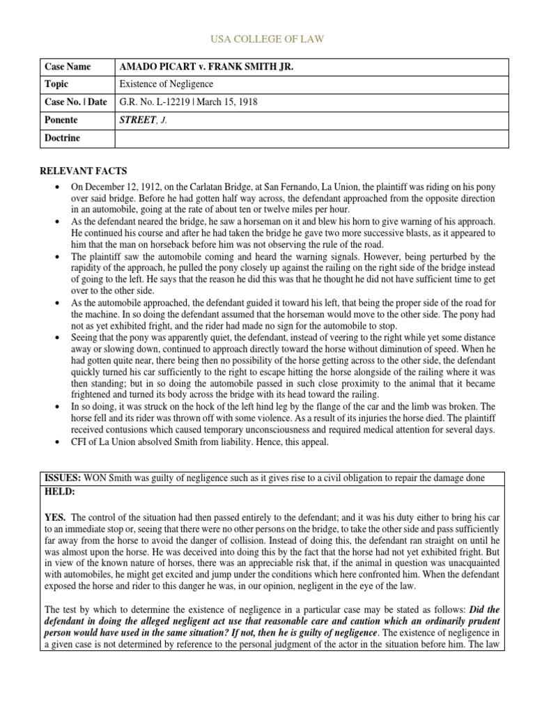 Picart v. Smith PDF Negligence Common Law