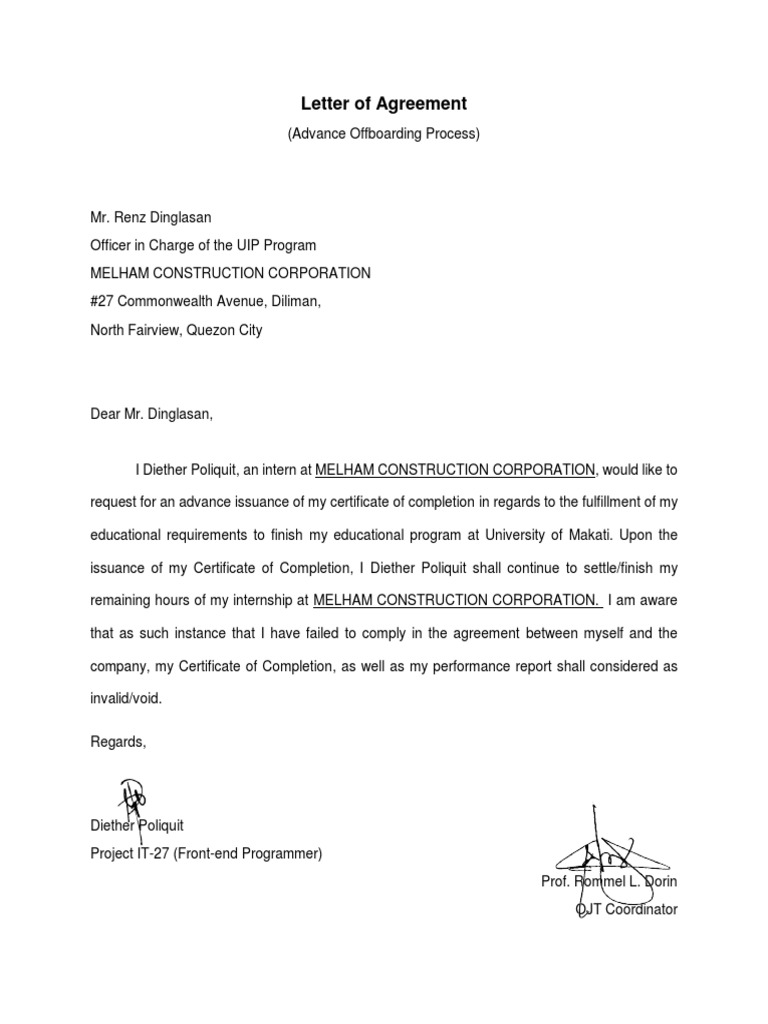 Poliquit - Letter of Agreement (For Advance COC) | PDF
