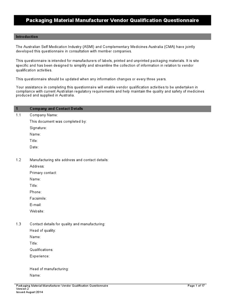Packaging Material Manufacturer Vendor Qualification Questionnaire