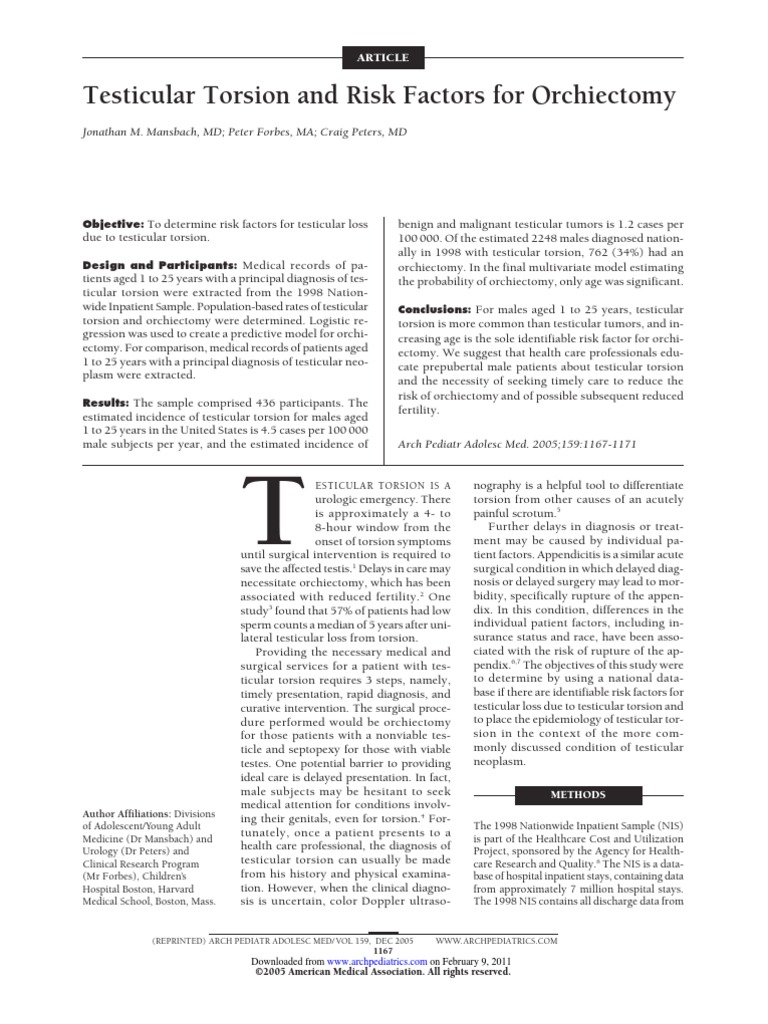Testicular Torsion and Risk Factors For Orchiectomy Jonathan M