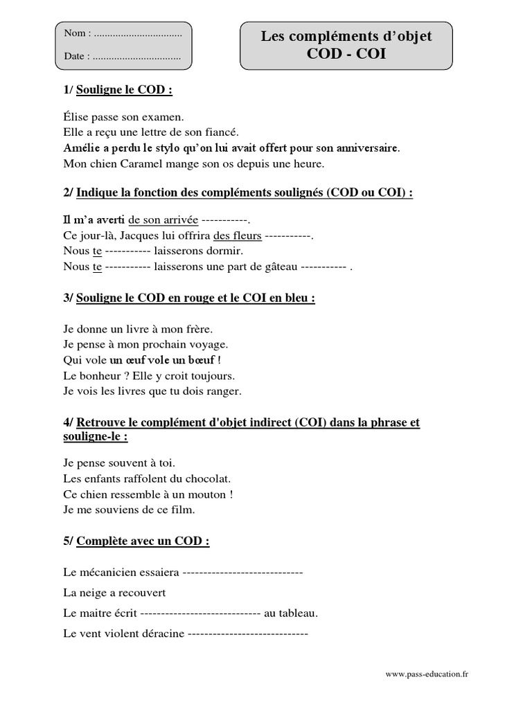 Exercice Cod Et Coi Cm2 COI COD Exercices | PDF