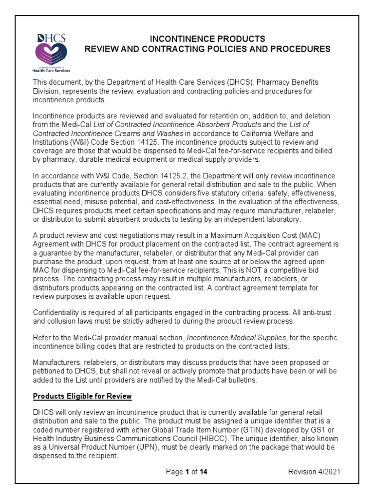 Incontinence Products Review and Contracting Policies and Procedures