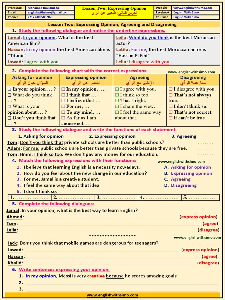 Opinion Expression Exercises Guide | PDF