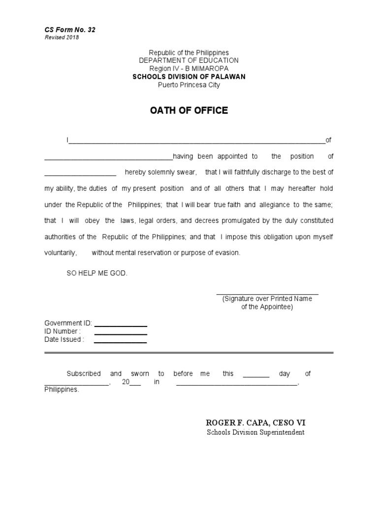 Cs Form No. 32 Oath of Office 2018 PDF