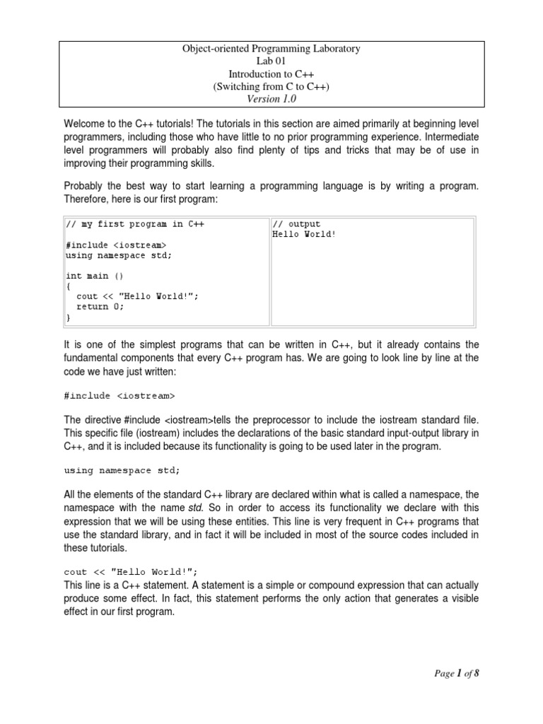 Object-Oriented Programming Laboratory Lab 01 Introduction To C++ ...